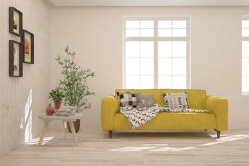 Stylish room in white color with sofa. Scandinavian interior design. 3D illustration