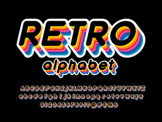 Colorful stylized alphabet design with uppercase, lowercase, numbers and symbols