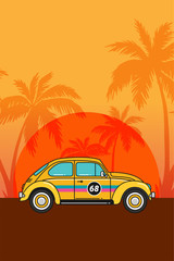 Vector illustration flat old car on beach
