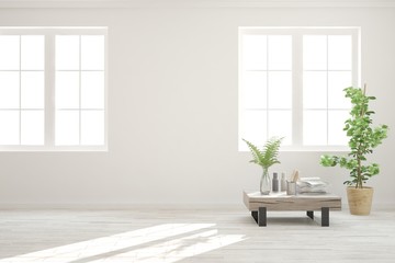 Empty room in white color with table and green flower. Scandinavian interior design. 3D illustration