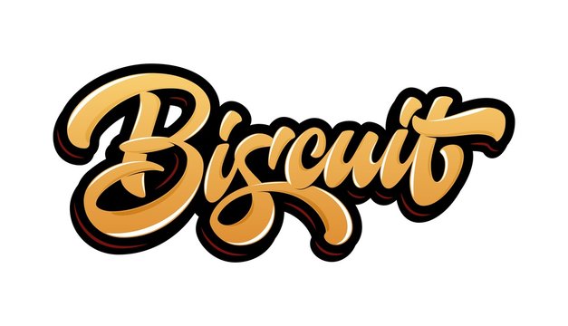 Vector lettering "Biscuit" in graffiti style with glare and black outline isolated on white background. Concept for logo, card, typography, poster, print.