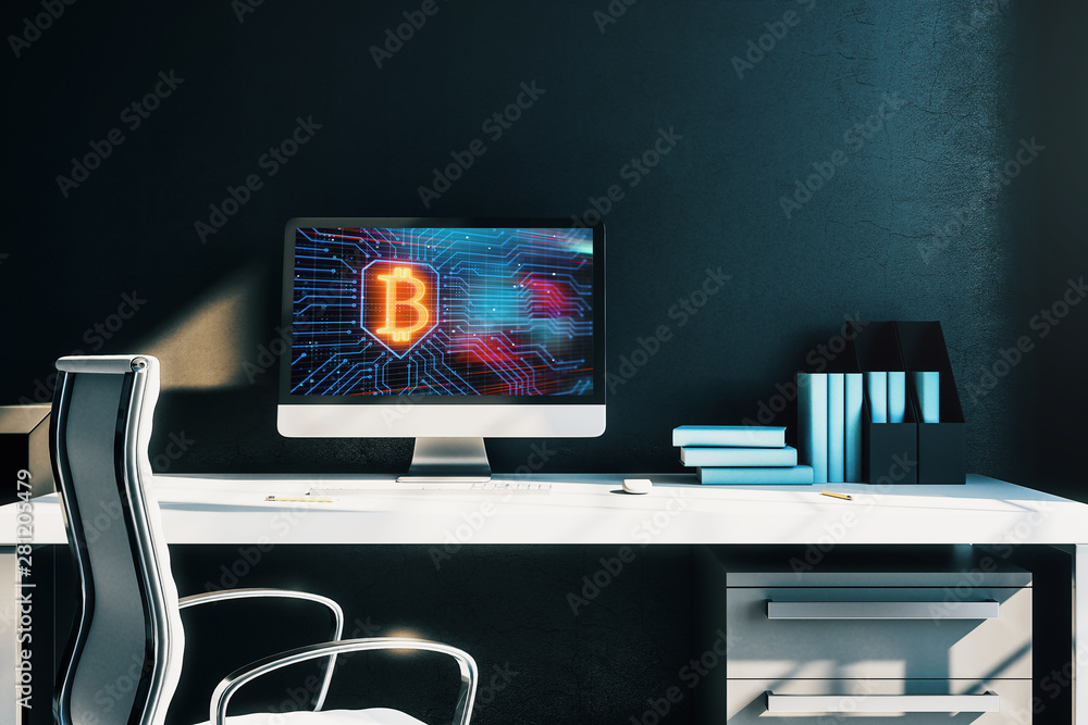Aufkleber desktop interior with computer, table and chair. blockchain theme drawing on screen. 3d rendering