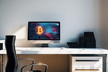 Desktop interior with computer, table and chair. blockchain theme drawing on screen. 3d rendering
