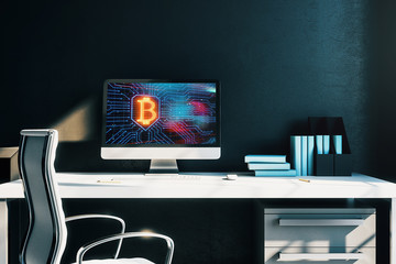 Desktop interior with computer, table and chair. blockchain theme drawing on screen. 3d rendering