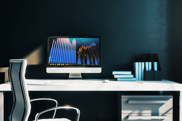 Cabinet desktop interior with financial charts and graphs on computer screen. Concept of stock market analysis and trading. 3d rendering.