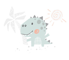 Dinosaur baby cute print. Sweet dino on beach. Summer holiday. Cool illustration for nursery, playroom, t-shirt, kids apparel