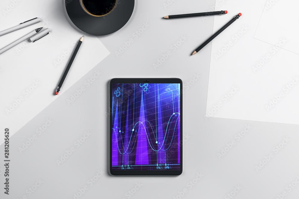 Poster digital tablet closeup top view with financial graph on screen. online trading application concept. 