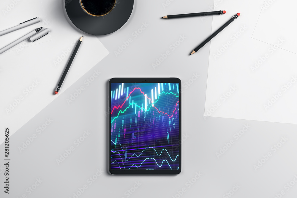 Aufkleber digital tablet closeup top view with financial graph on screen. online trading application concept. 