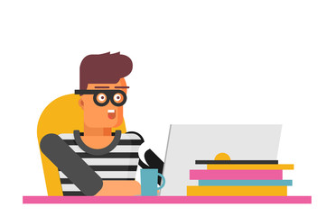 Cartoon Hacker with Laptop. Vector Illustration