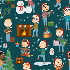 Christmas seamless pattern. Boys with Santa's hats celebrate the new year, decorate the Christmas tree, unwrap gifts and have winter fun. Vector illustration of kids