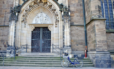 View of the door portal of St. Peter's Cathedral in old town, beautiful architecture, Bremen,...
