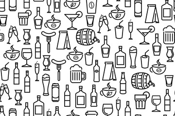 Vector Seamless pattern - Background with beverage and drinks. Line art wallpaper for decoration of cafe or bar.
