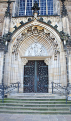 View of the door portal of St. Peter's Cathedral in old city centre, beautiful architecture, Bremen, Germany.