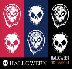 Vector set of illustrations for Halloween, creepy zombie head, skull white color on red, dark blue and black isolated. Excellent illustrations for printing on t-shirt or tattoo.