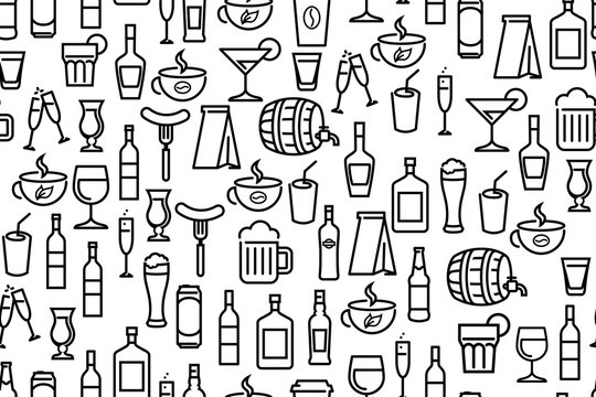 Vector Seamless pattern - Background with beverage and drinks. Line art wallpaper for decoration of cafe or bar.