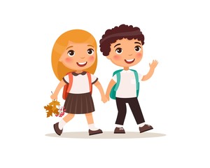 Schoolmates going to school flat vector illustration. Couple pupils in uniform holding hands isolated cartoon characters. Happy elementary school students with rucksack back to school after holidays