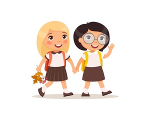 Schoolgirls going to school flat vector illustration. Couple pupils in uniform holding hands isolated cartoon characters. Two happy elementary school students with backpacks waving hand and greeting