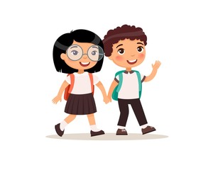 Schoolmates going to school flat vector illustration. Couple pupils in uniform holding hands isolated cartoon characters. Happy elementary school students with rucksack back to school after holidays