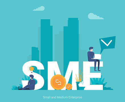 SME, Small and Medium Enterprise. Concept with people, letters and icons.