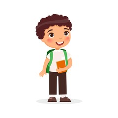 School boy, happy teenager flat vector illustration. Boy with book and backpack isolated cartoon character. Elementary school pupil going to lesson. Cheerful caucasian young schoolboy. Back to school