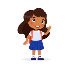School girl, happy student flat vector illustration. Waving girl with backpack isolated cartoon character. Elementary school pupil. Cheerful indian young lady. Back to school