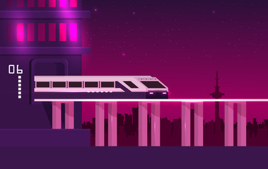 Fototapeta premium Retro future train on railway. Vector travel concept background.