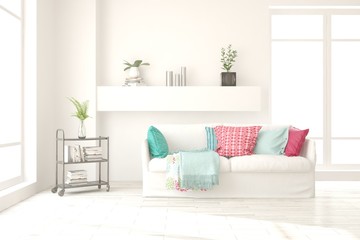 Stylish room in white color with sofa. Scandinavian interior design. 3D illustration