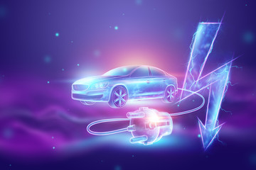 Fototapeta na wymiar Creative background, Electric car with charging wire, hologram, electricity sign. The concept of electromobility e-motion, charging for the car, modern technology. 3D Render, 3D illustration