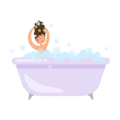 Brunette girl is washing her head in bubble bathtub