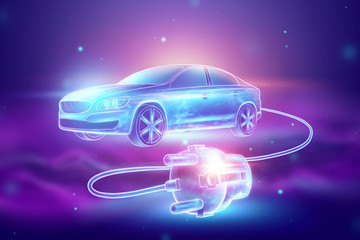 Obraz na płótnie Canvas Creative background, Electric car with charging wire, hologram. The concept of electromobility e-motion, charging for the car, modern technology. 3D Render, 3D illustration
