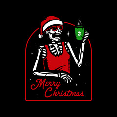 NEW YEAR SKELETON IN SANTA HAT DRINKS MULLED BADGE WINE BLACK BACKGROUND