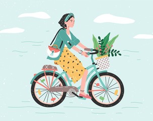 Happy girl dressed in trendy clothes riding city bicycle with flower bouquet in front basket. Adorable young hipster woman on bike. Cute pedaling female bicyclist. Flat cartoon vector illustration.