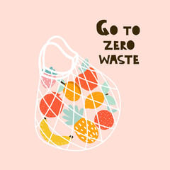 Eco bag with fruits and slogan. Cartoon vector illustration.