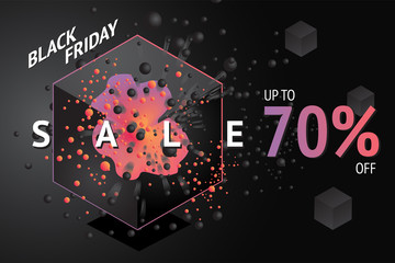 Black friday sale banner with abstract 3d element and particles. Vector template for discount.