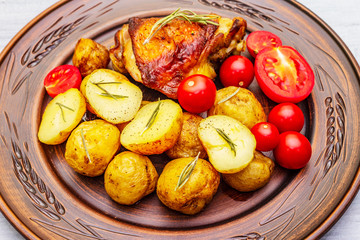 Roast chicken thighs and baby potatoes