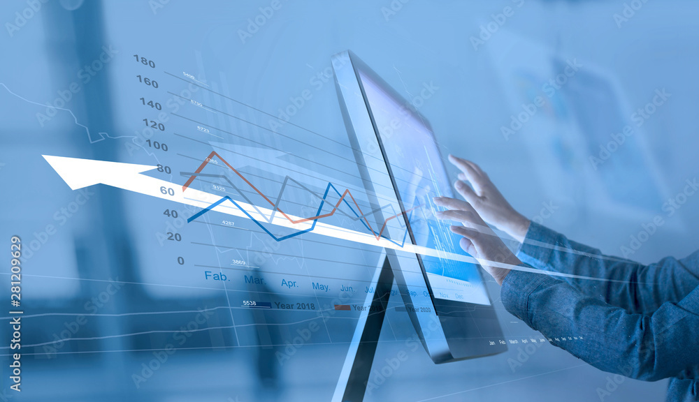Poster Businessman analyzing sales data on computer networking, Abstract interface, and economic growth graph chart with social network diagram, digital marketing.