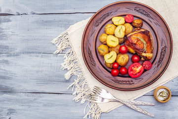 Roast chicken thighs and baby potatoes