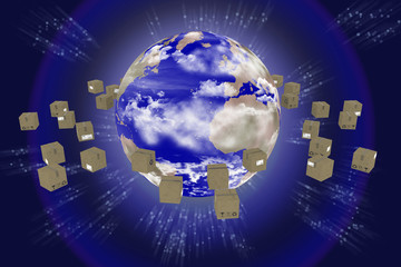 Spedizione intorno al mondo. Pacchi ruotano attorno al globo per essere consegnati..