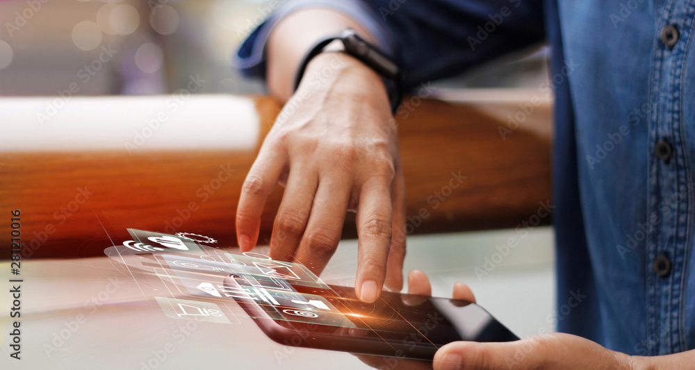 Aufkleber Digital marketing media and mobile payments. Businessman working with mobile smartphone and icon network connection on virtual screen. Online banking. Business and modern technology.