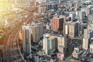 city skyline aerial view of Sendai in Japan