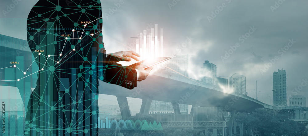 Aufkleber Double exposure of graph chart and network connection on businessman using tablet analyzing sales data and economic growth on citiy background. Business and digital technology.