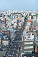 city skyline aerial view of Sendai in Japan