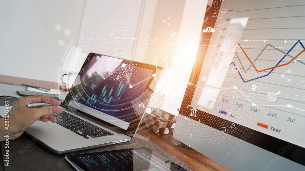 Poster business report and sales data with graph economic growth on computer screen network, chart financia