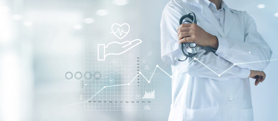 Healthcare business graph and Medical examination, Health Insurance, Doctor with stethoscope in hand and data growth chart ,Medical and medicine business on hospital background. - obrazy, fototapety, plakaty