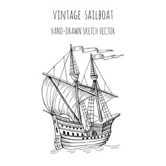 Old caravel, vintage sailboat. Hand drawn sketch. Detail of the old geographical or fanasy maps of sea.