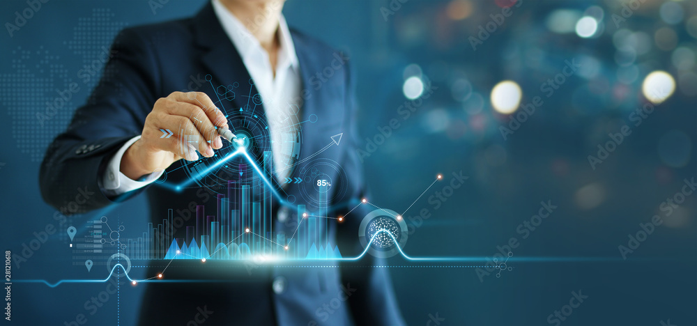 Poster Businessman drawing growth graph chart sales and data economic on global structure networking connection.