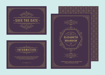 Set wedding invitations flourishes ornaments cards vector elegant ornate templates.