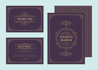 Set wedding invitations flourishes ornaments cards vector elegant ornate templates.