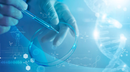 Science and medicine, scientist analyzing and dropping a sample into a glassware, experiments...