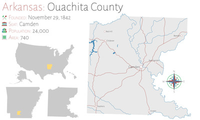 Large and detailed map of Ouachita county in Arkansas, USA